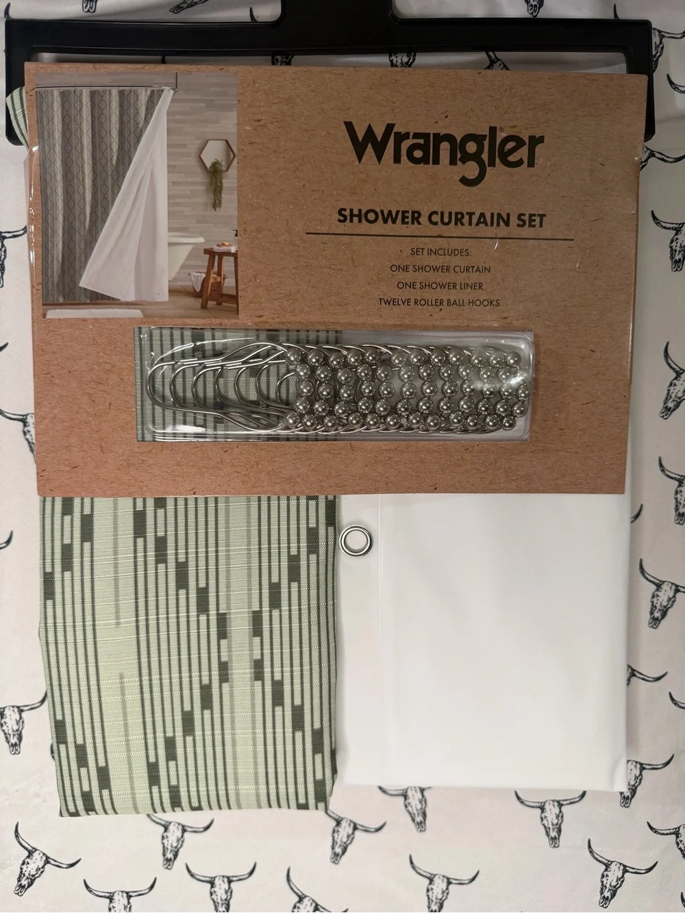 Wrangler Sage Green and White Shower Curtain Set with Roller Ball Hooks